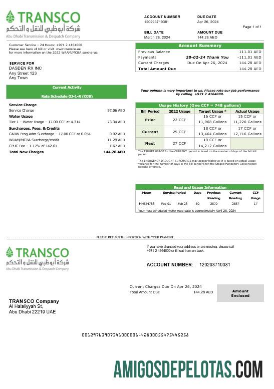 imprimível Modelo de conta de serviços públicos de distribuição de eletricidade nos Emirados Árabes Unidos Abu Dhabi em formatos Word e PDF